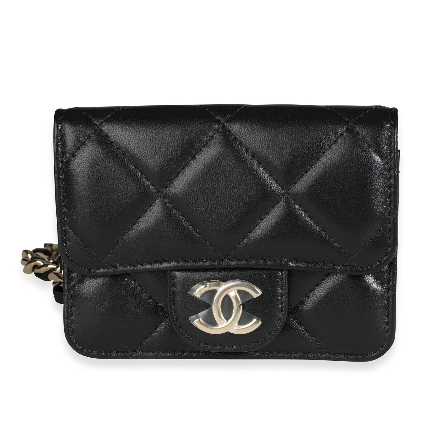 Black Quilted Lambskin Elegant Chain Mini Belt Bag