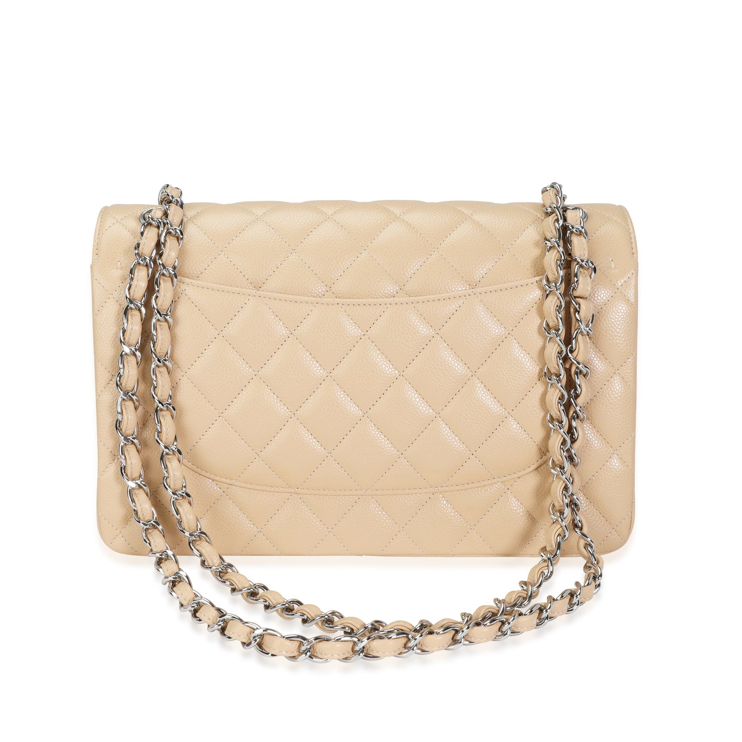 Bolso de mano clásico jumbo de doble solapa, acolchado color beige con textura de caviar