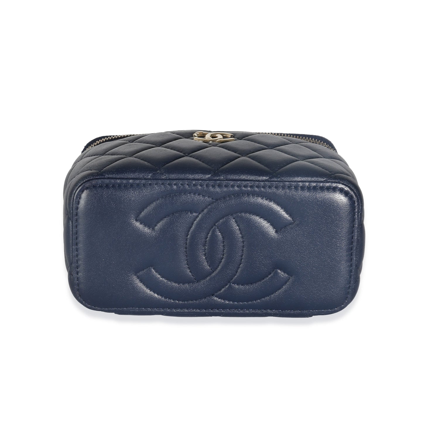 Navy Quilted Lambskin Top Handle Vanity Case With Chain