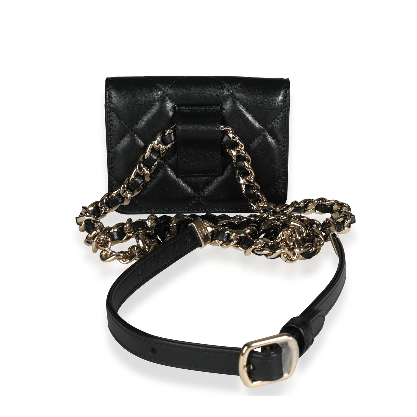 Elegante mini bolso cinturón con cadena de piel de cordero acolchada negra 