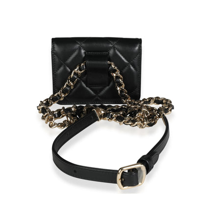 Elegante mini bolso cinturón con cadena de piel de cordero acolchada negra 