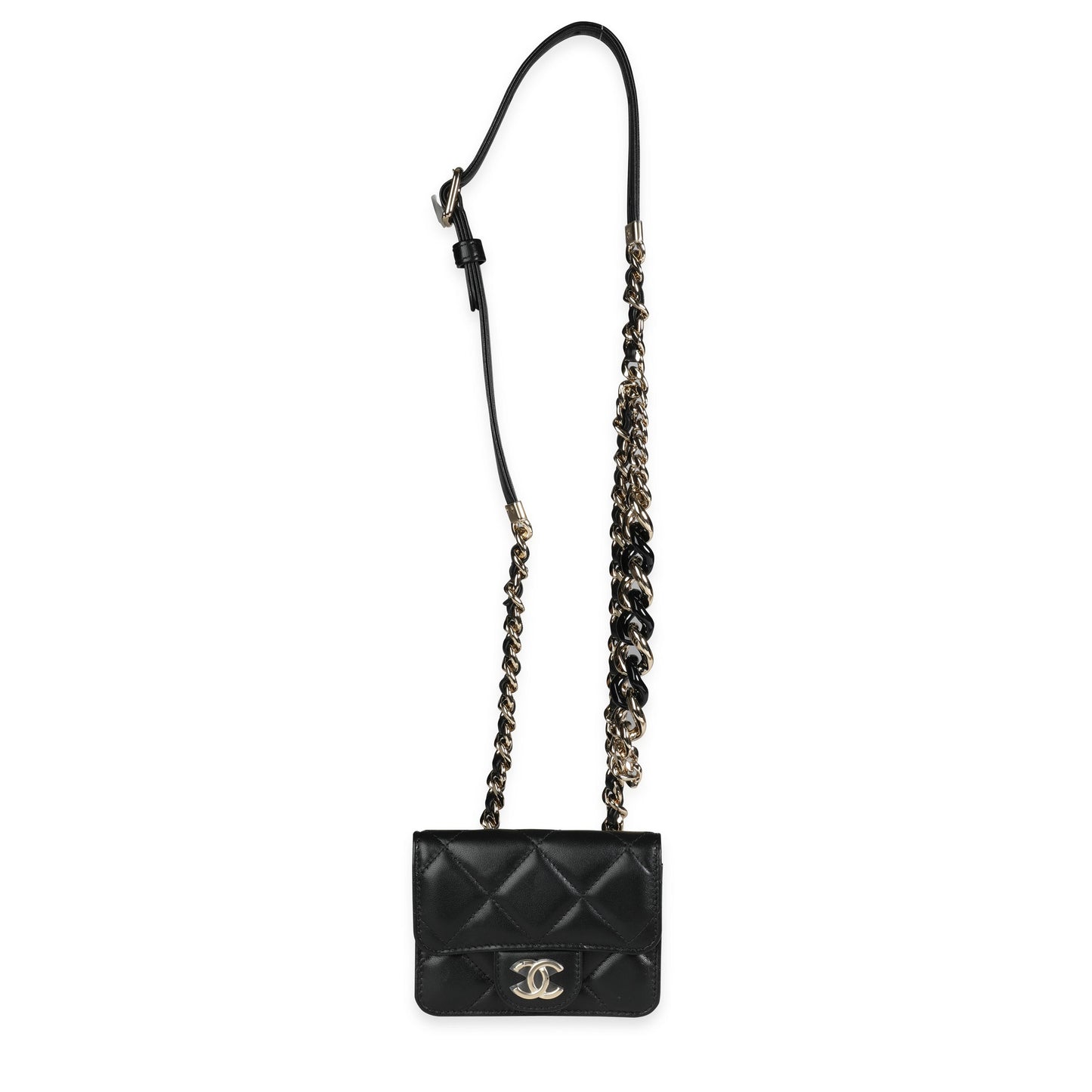 Elegante mini bolso cinturón con cadena de piel de cordero acolchada negra 