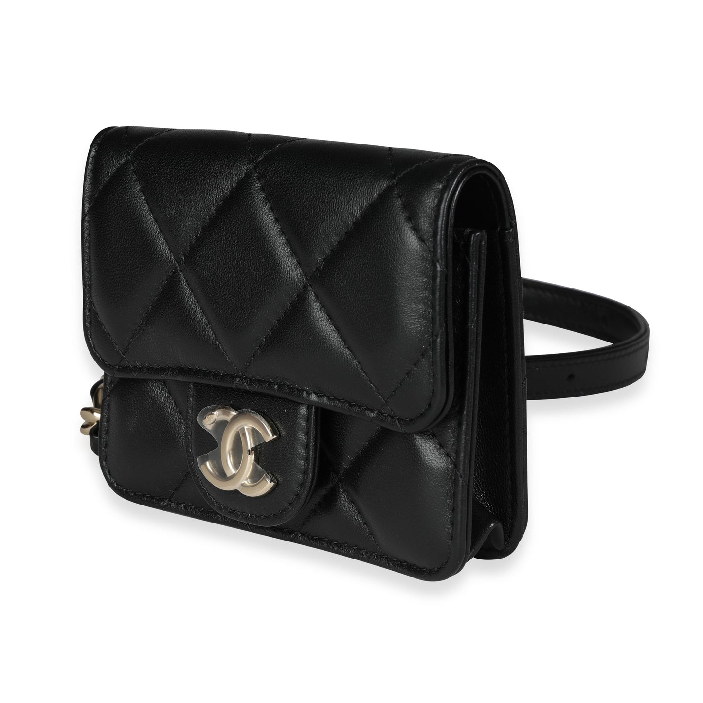 Elegante mini bolso cinturón con cadena de piel de cordero acolchada negra 