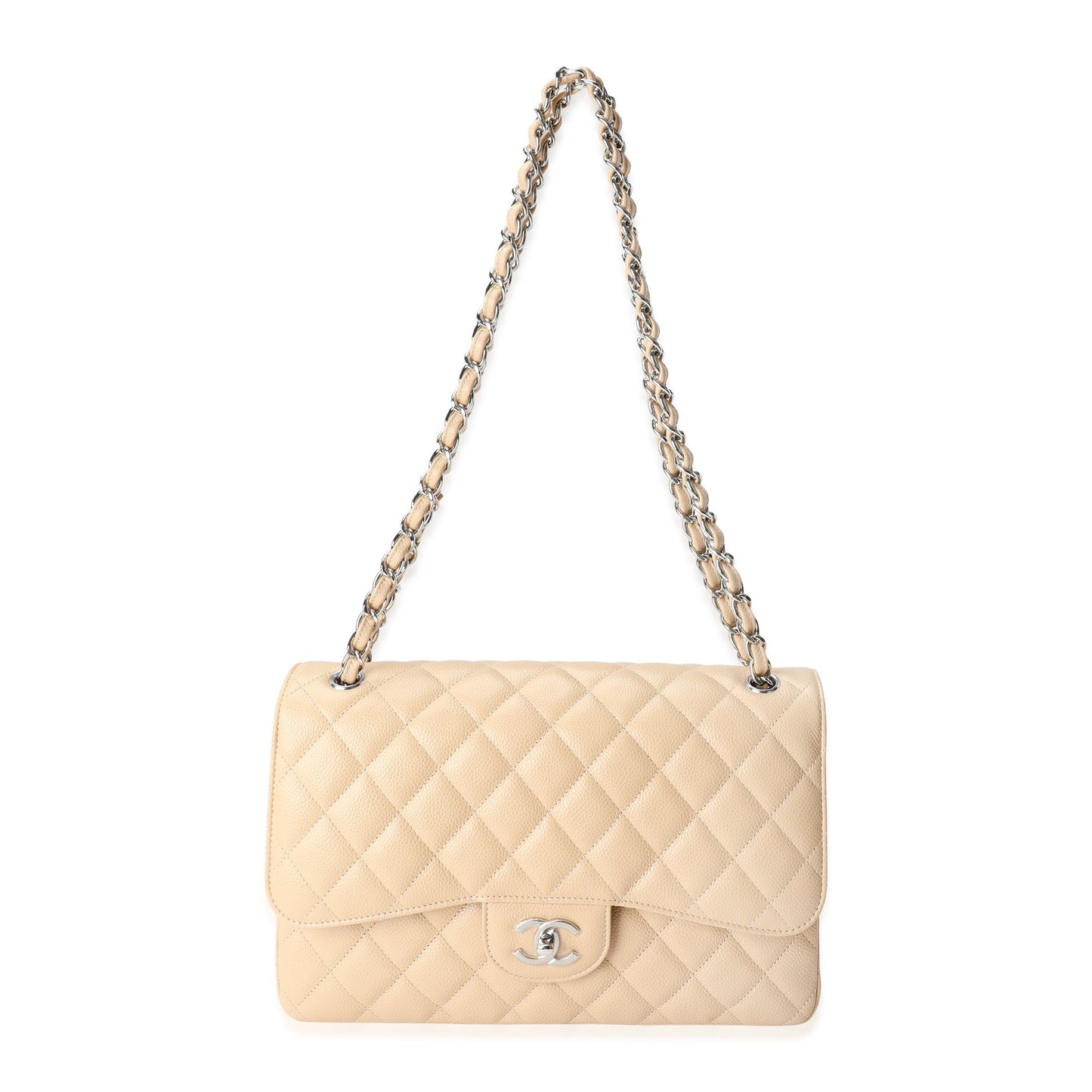 Bolso de mano clásico jumbo de doble solapa, acolchado color beige con textura de caviar