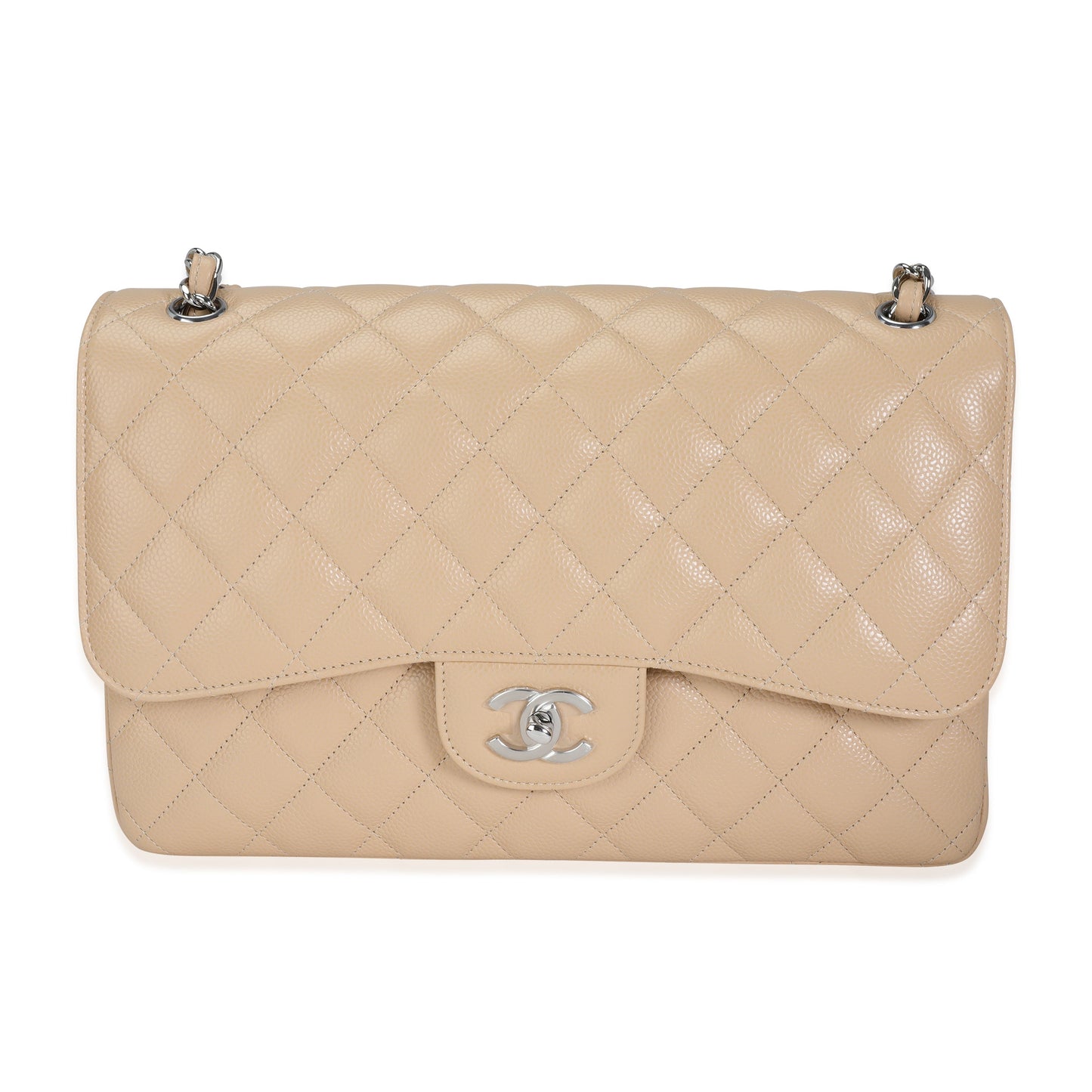 Bolso de mano clásico jumbo de doble solapa, acolchado color beige con textura de caviar