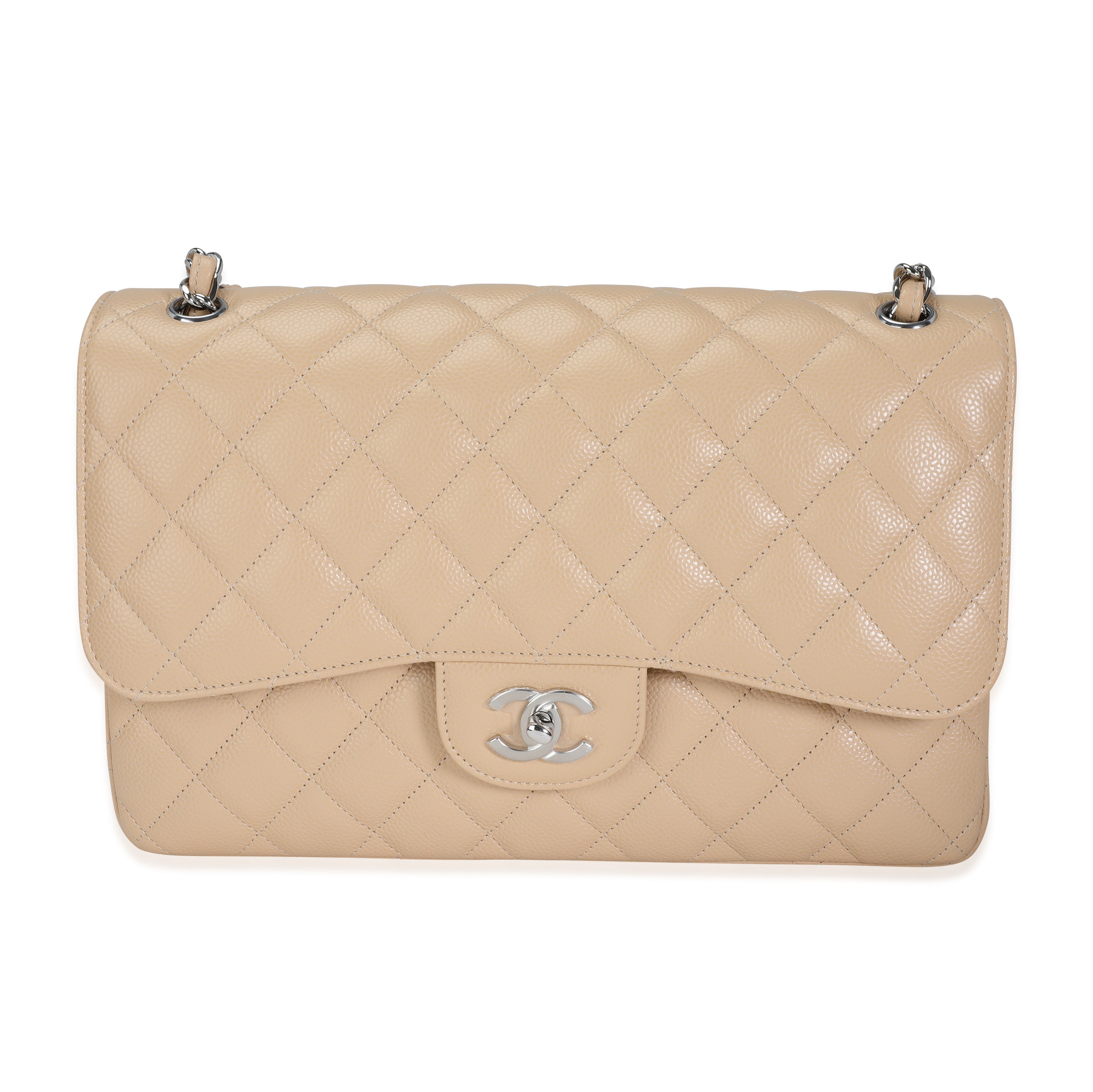 Beige Quilted Caviar Jumbo Classic Double Flap Handbag