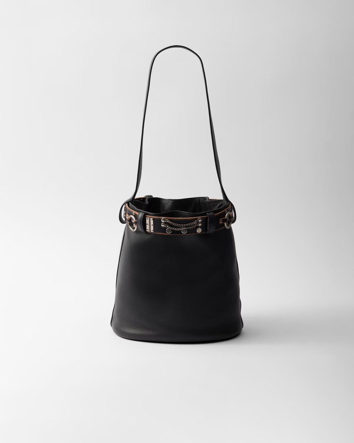 Prada Buckle leather bucket bag with studded belt