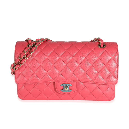 Dark Pink Quilted Caviar Medium Classic Double Flap Handbag