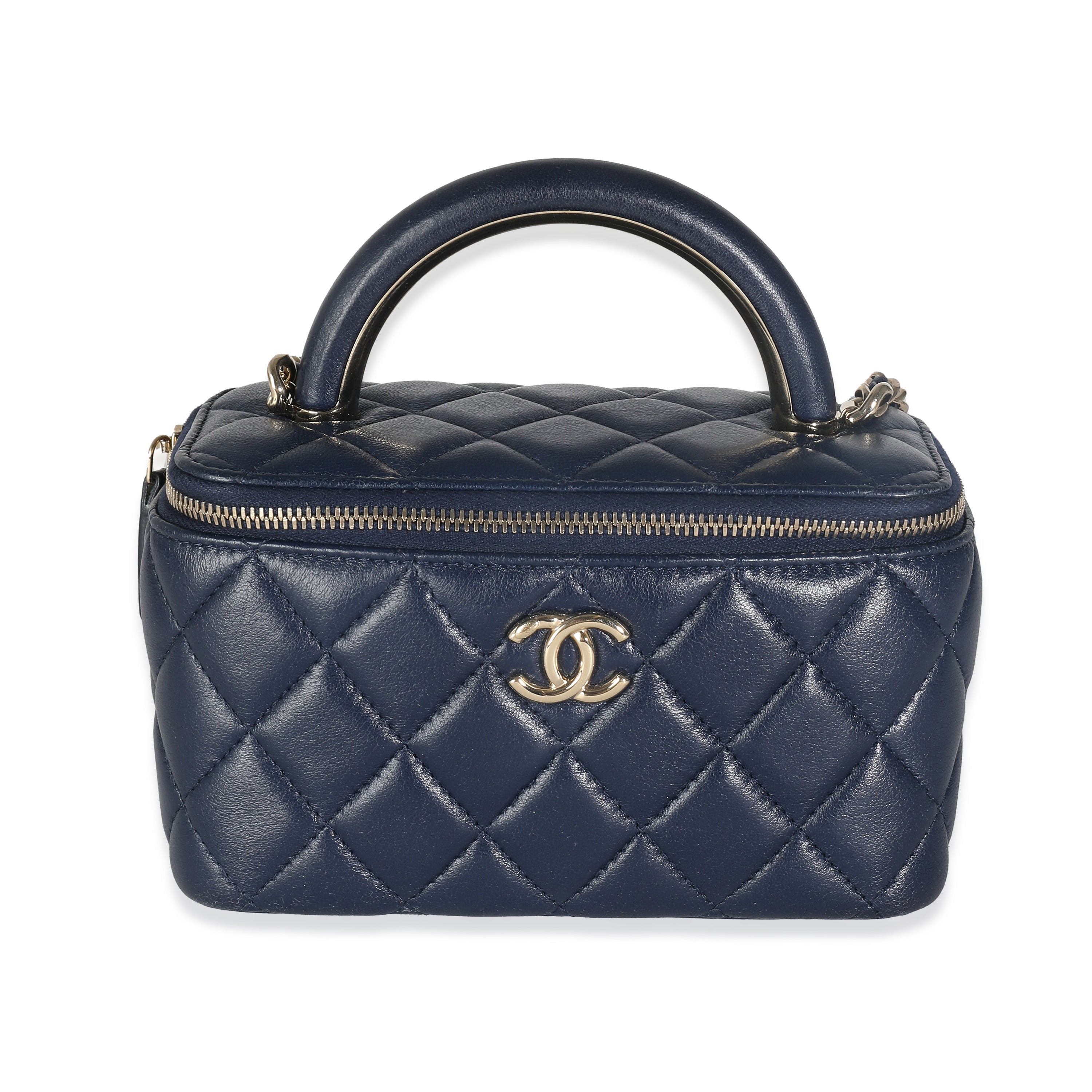 Chanel Navy Quilted Lambskin Top Handle Vanity Case With Chain Handbag fv