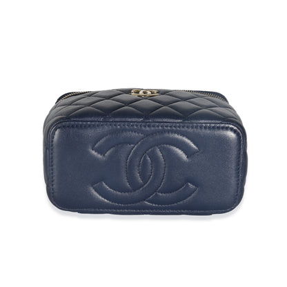 Navy Quilted Lambskin Top Handle Vanity Case With Chain