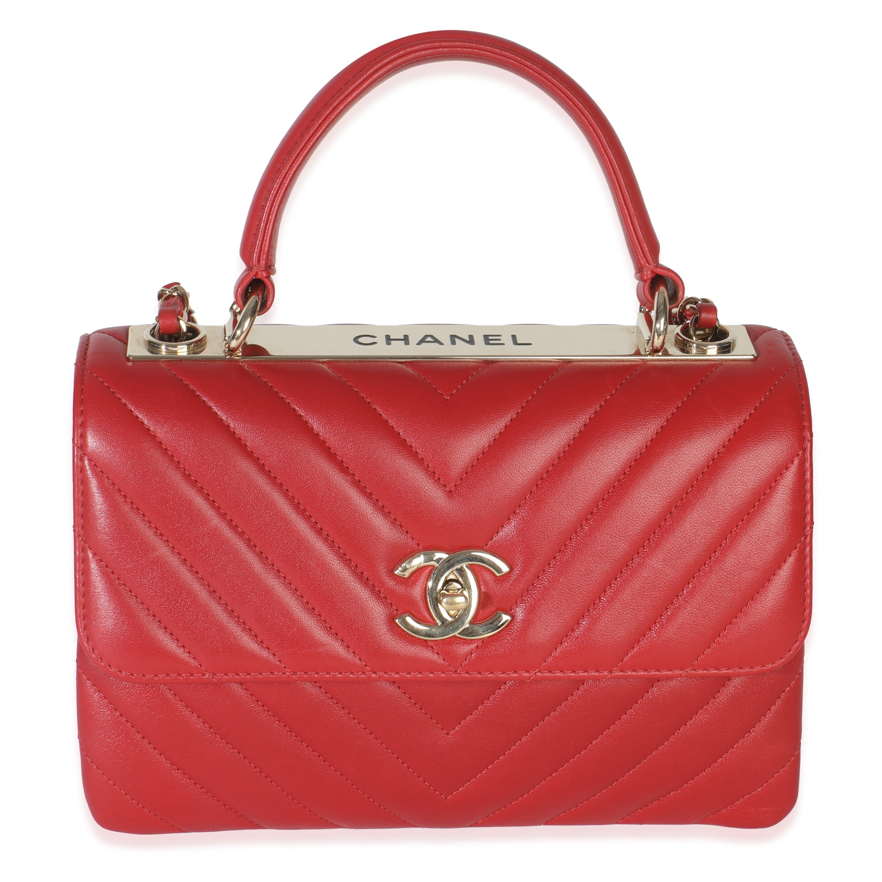 Red Chevron Lambskin Small Trendy Top Handle Bag