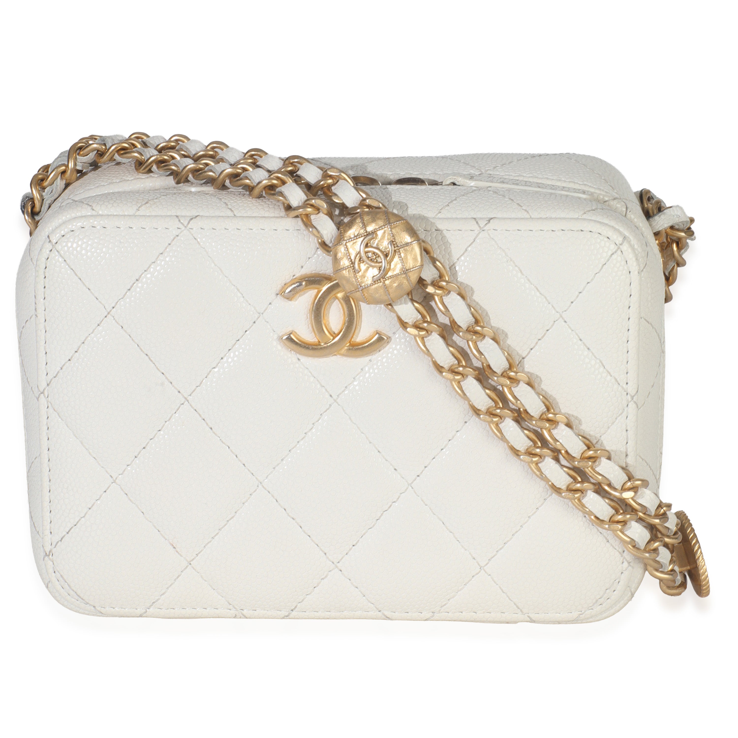 Chanel White Quilted Caviar Twist Your Buttons Handbag Clutch with Chain Handbag fv