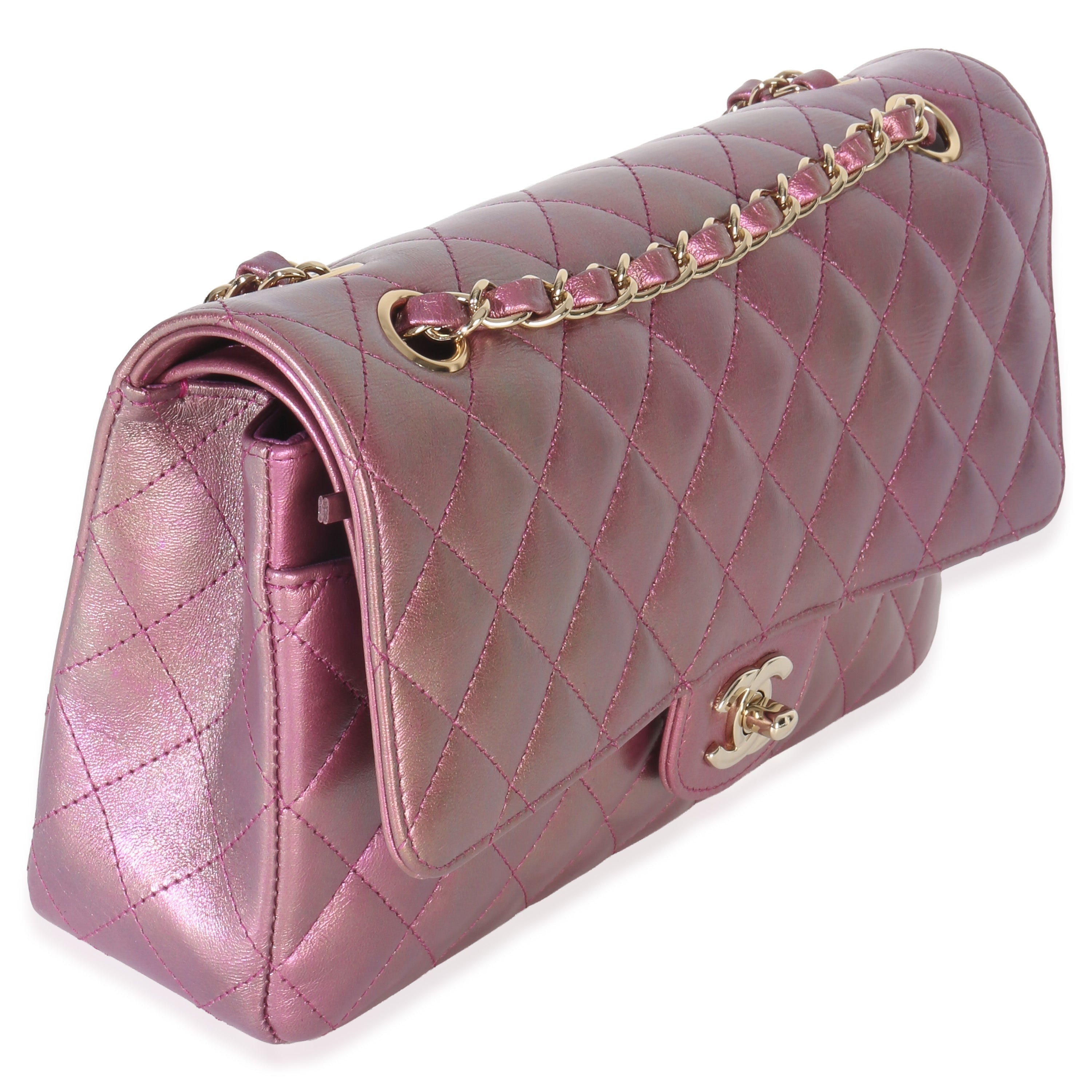 Chanel Dark Pink Iridescent Quilted Lambskin Medium Classic Double Flap Bag Handbag pv