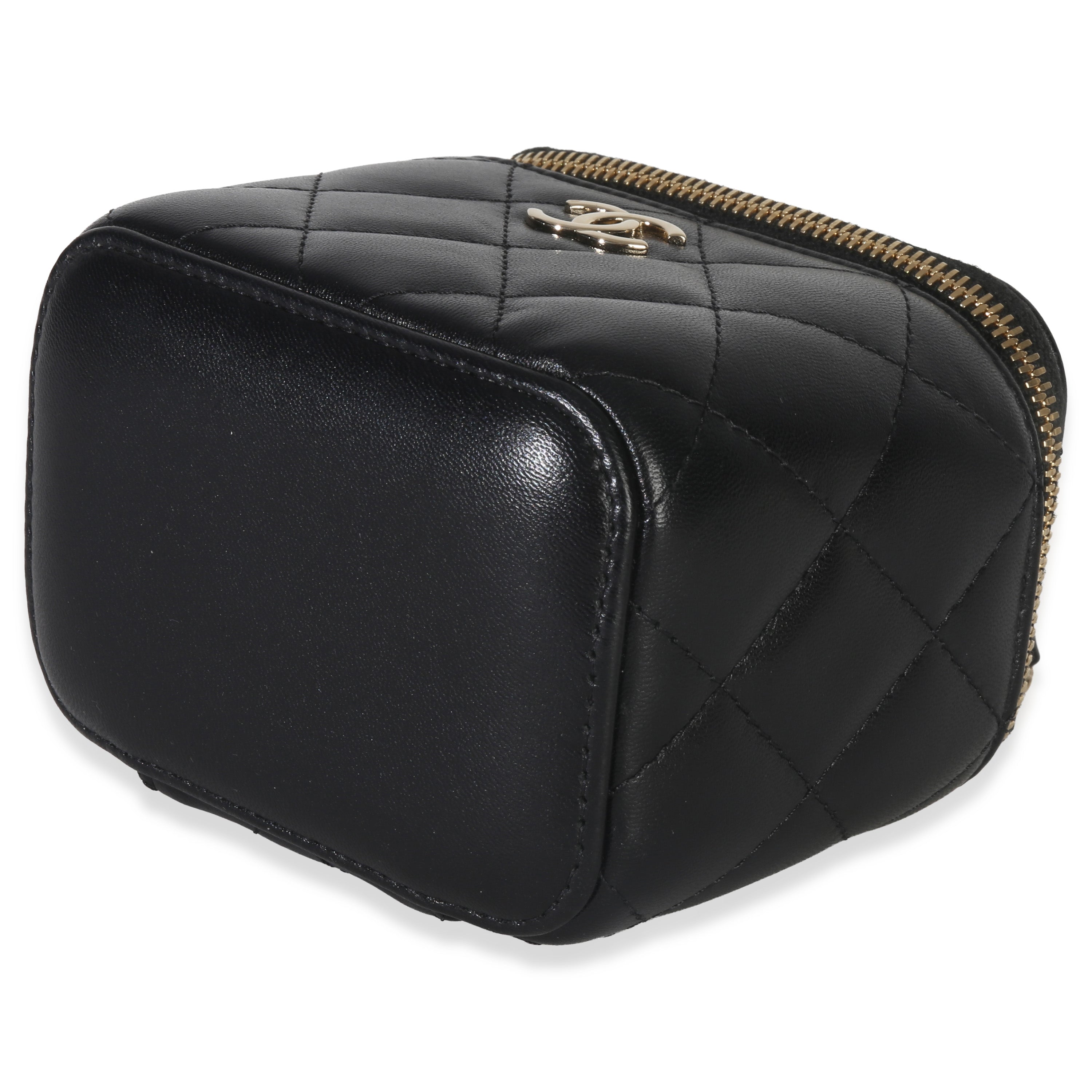 Chanel Black Quilted Lambskin Camellia Bow Chain Mini Vanity Case Handbag box