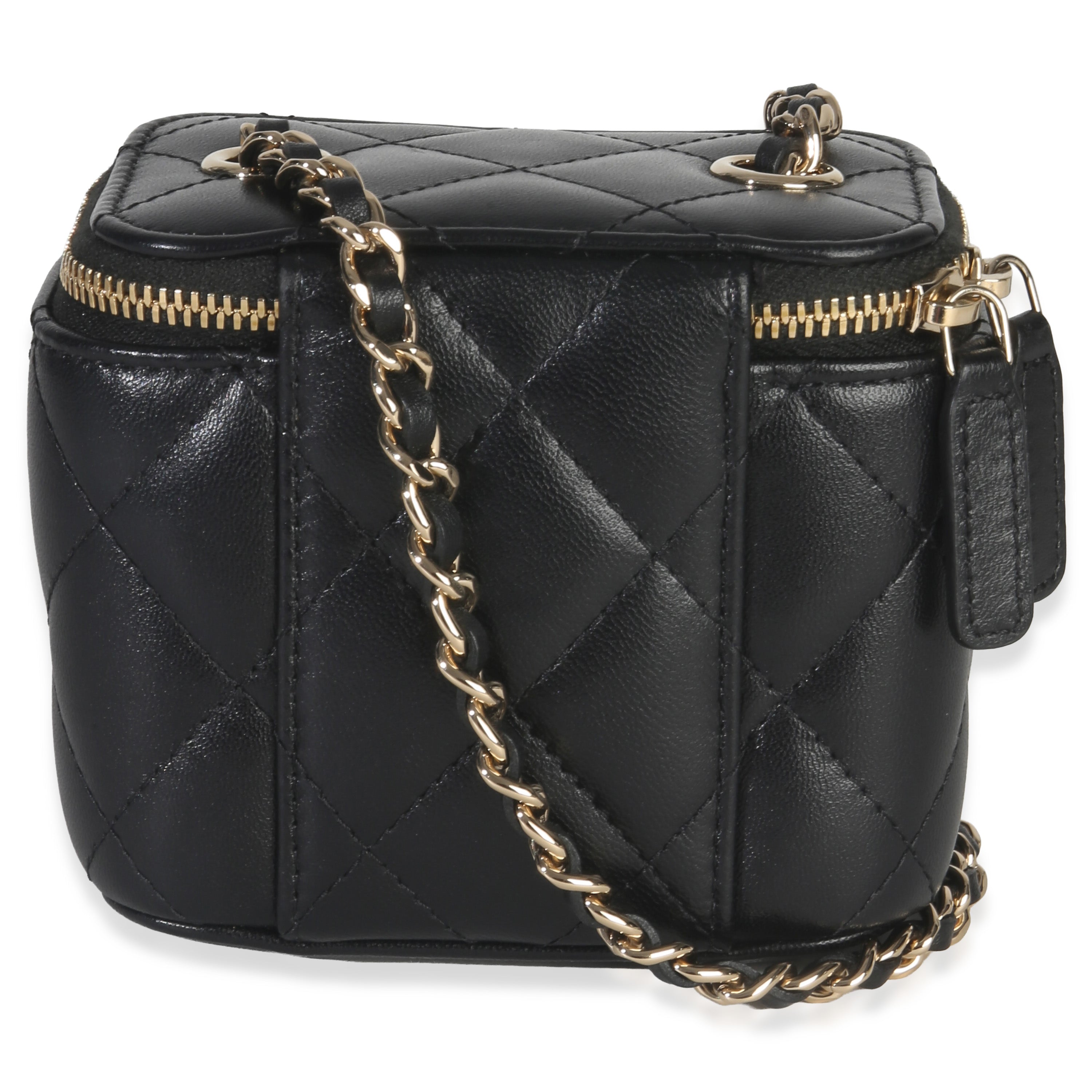 Chanel Black Quilted Lambskin Camellia Bow Chain Mini Vanity Case Handbag bv