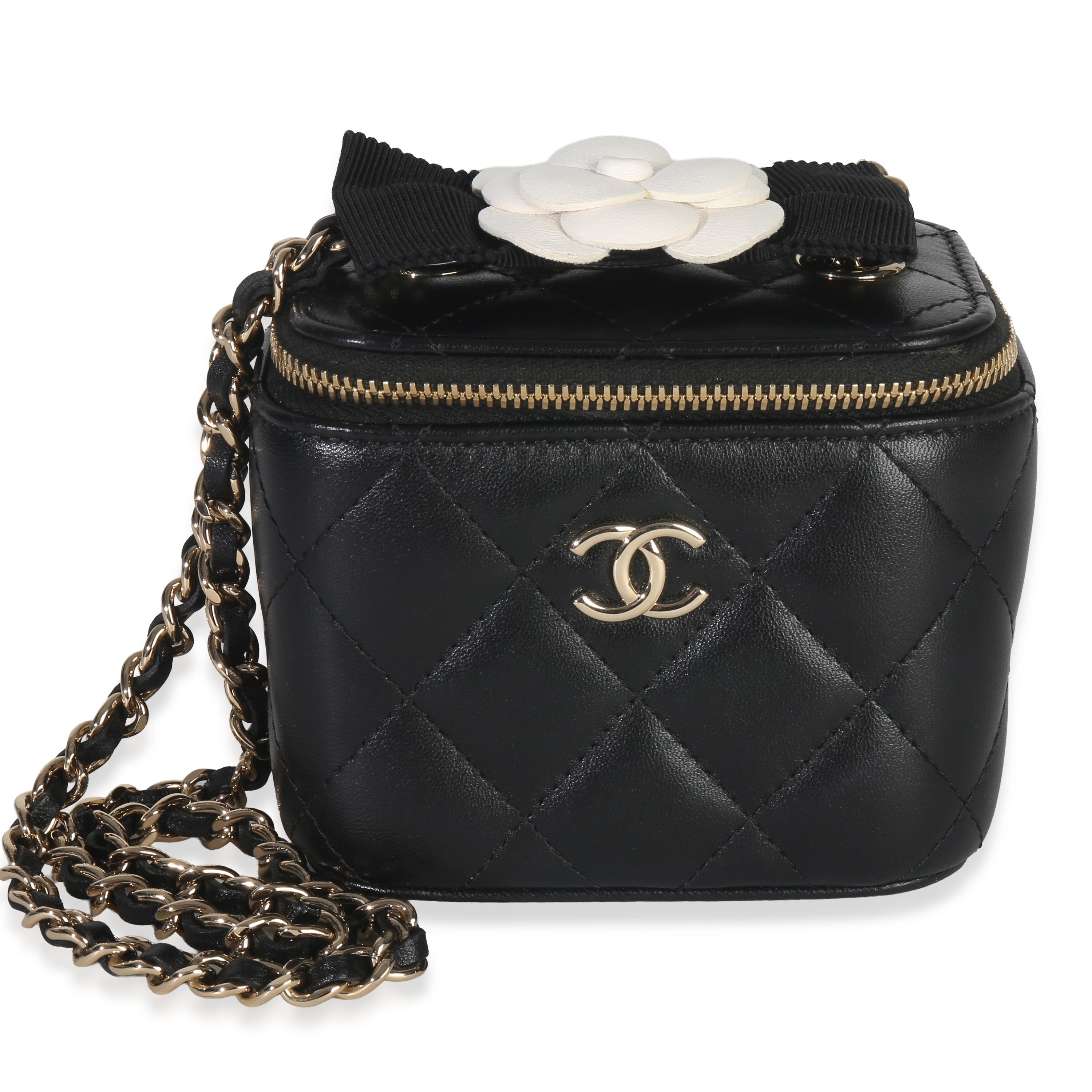 Chanel Black Quilted Lambskin Camellia Bow Chain Mini Vanity Case Handbag fv