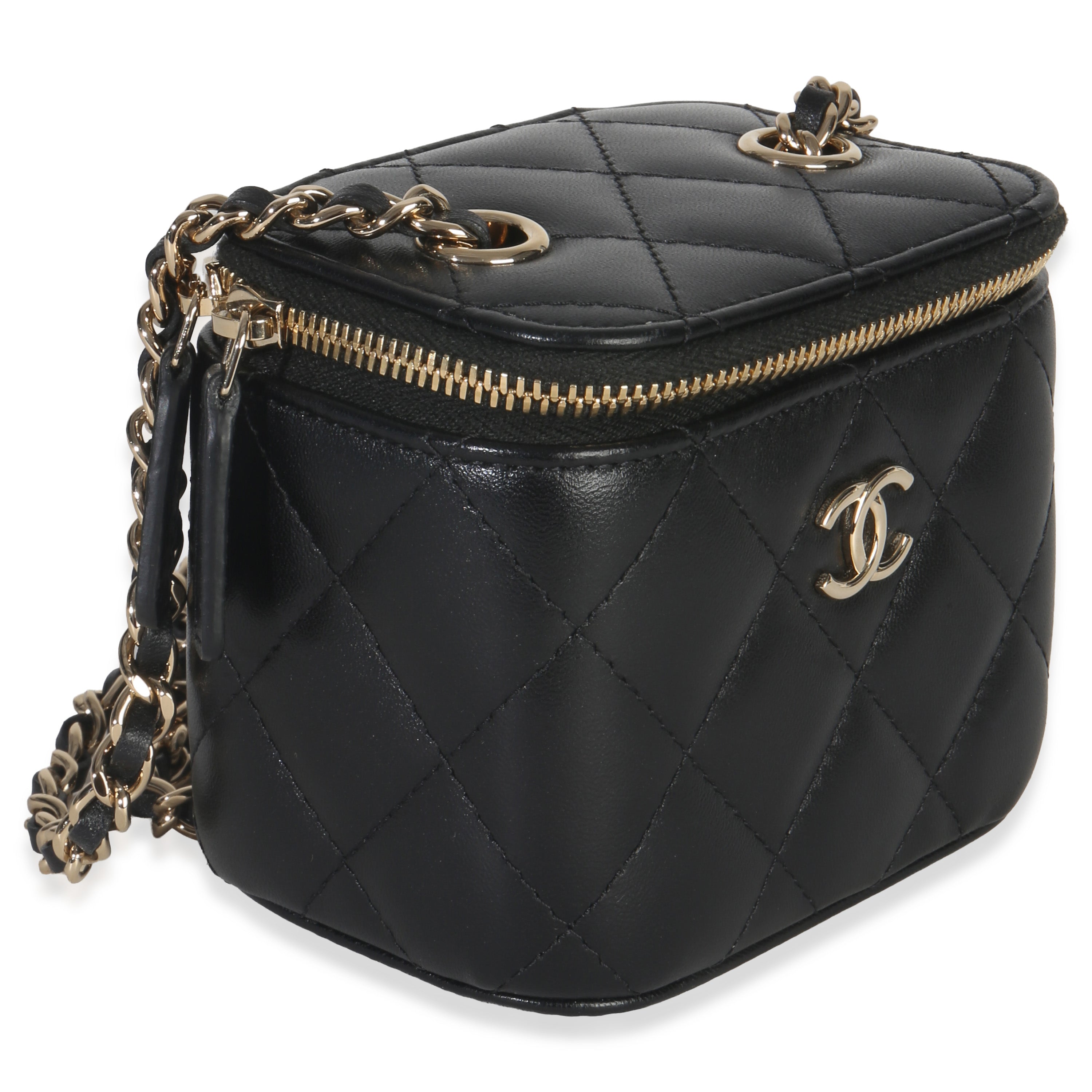 Chanel Black Quilted Lambskin Camellia Bow Chain Mini Vanity Case Handbag pv