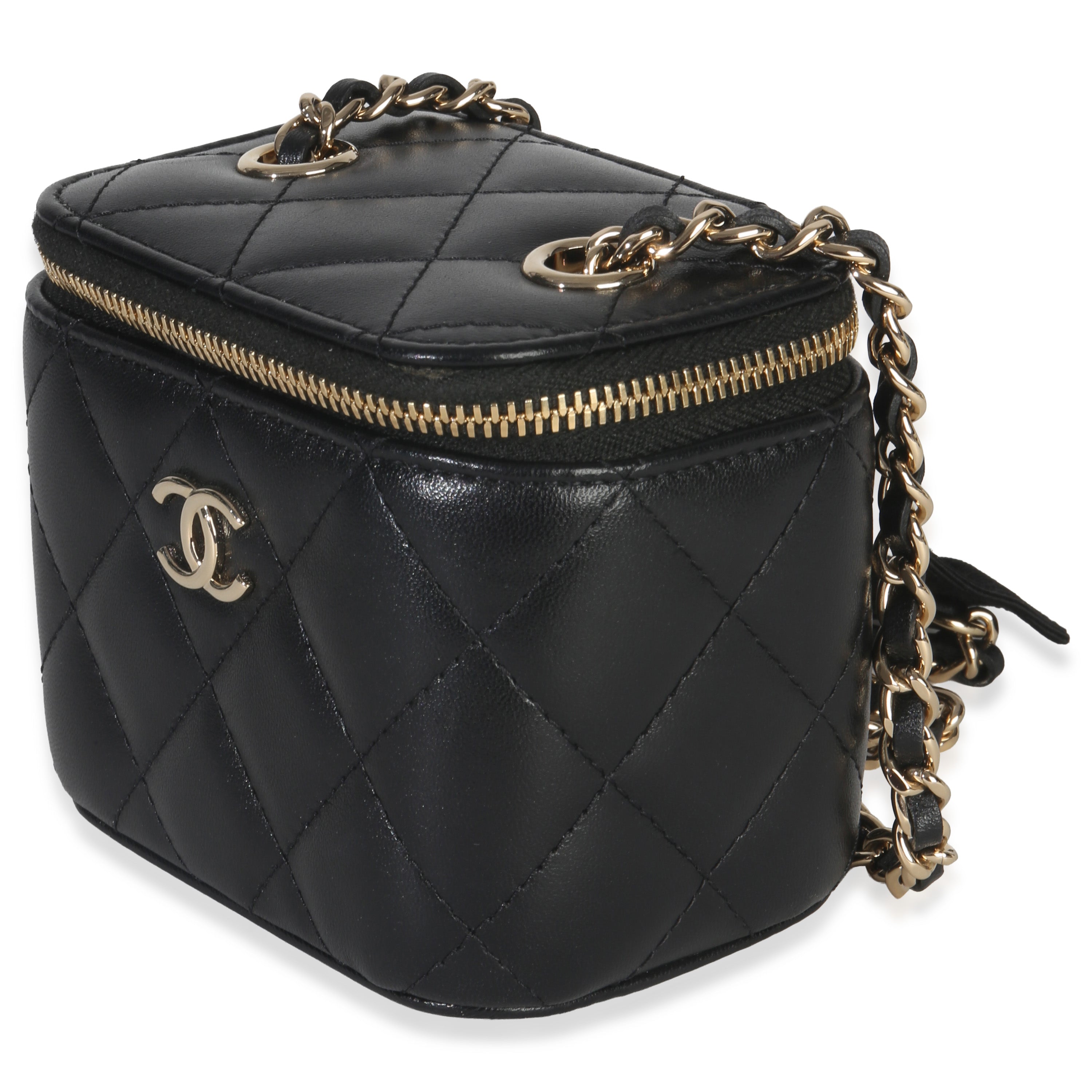 Chanel Black Quilted Lambskin Camellia Bow Chain Mini Vanity Case Handbag sv
