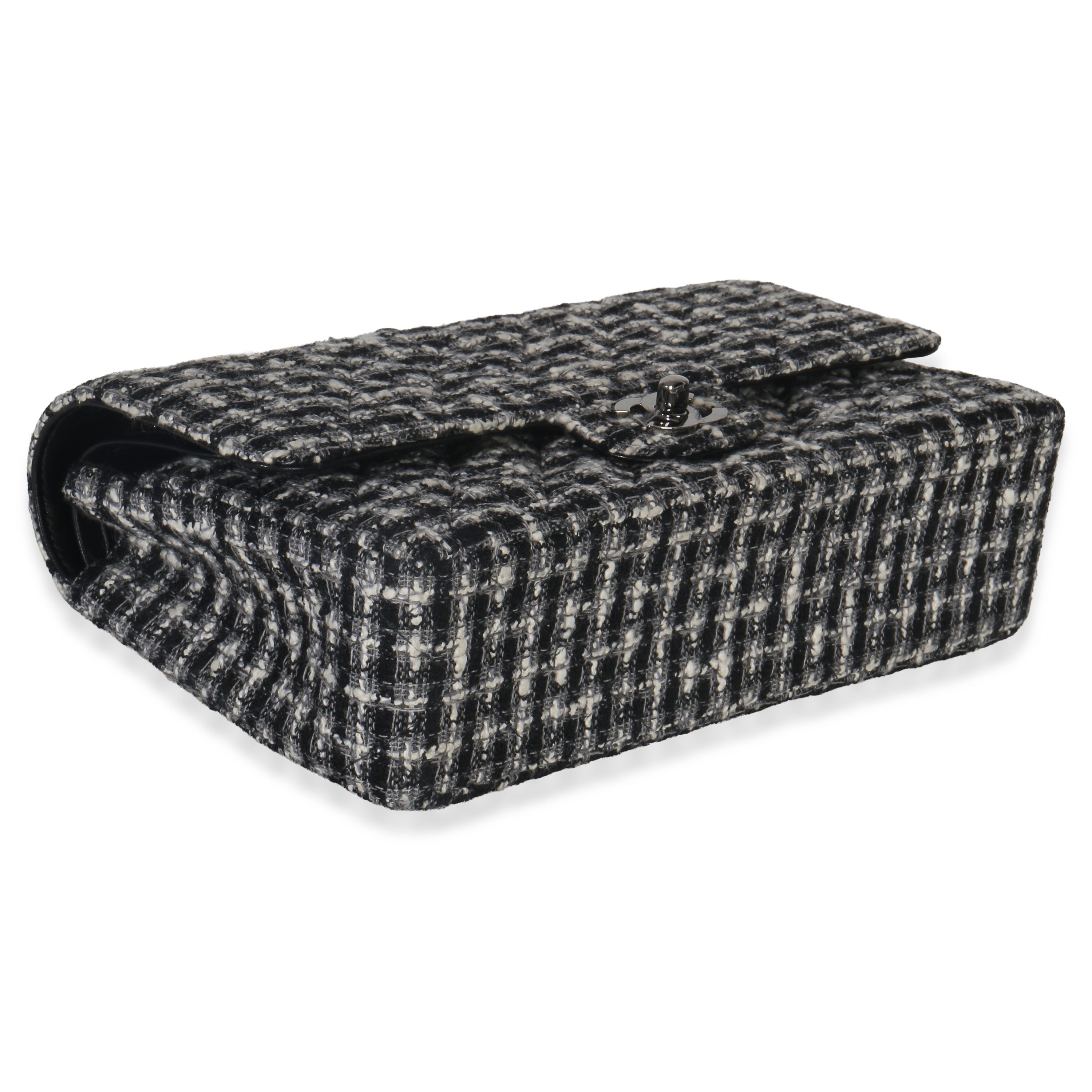 Chanel Black White Tweed Quilted Medium Classic Double Flap Handbag clasp