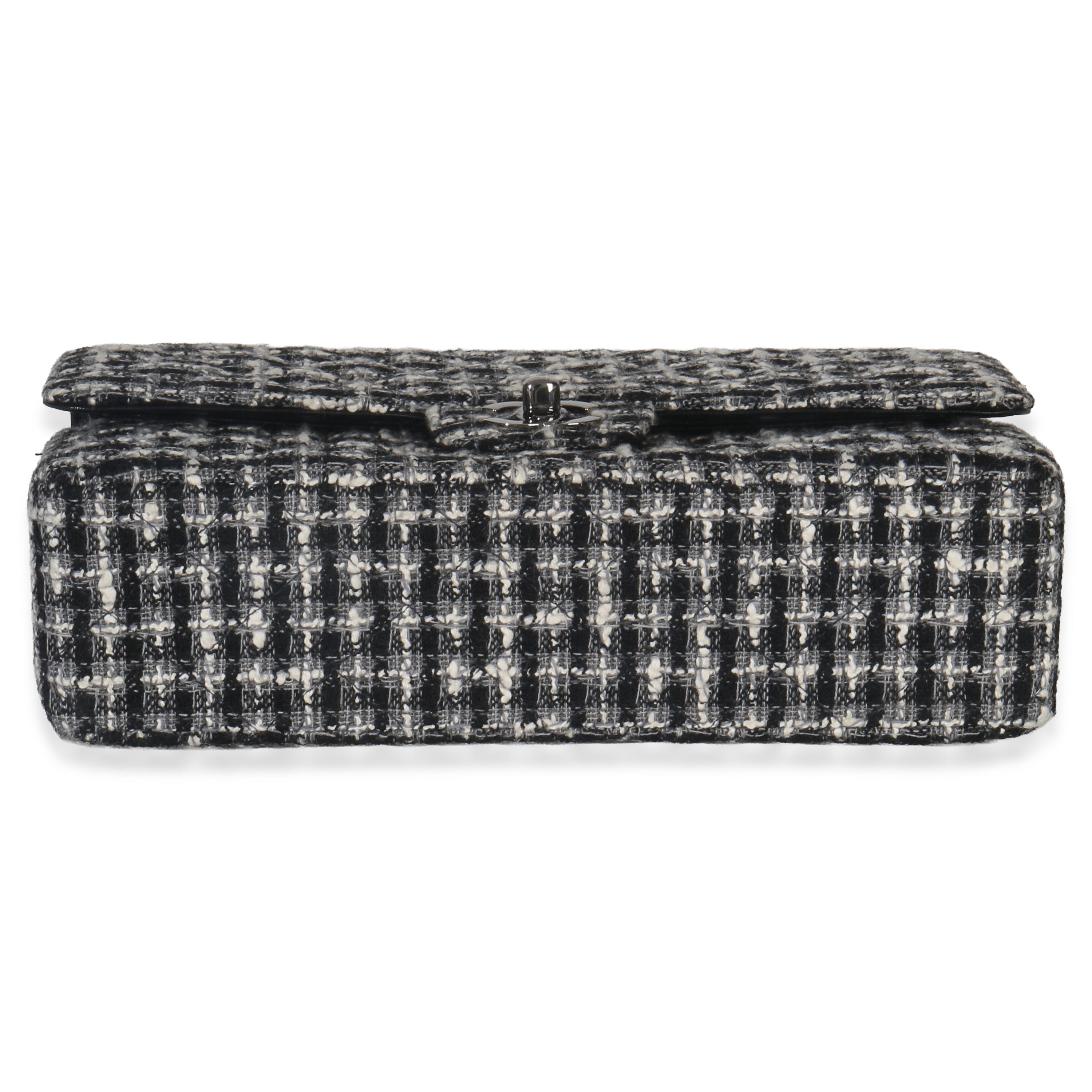 Chanel Black White Tweed Quilted Medium Classic Double Flap Handbag stamp