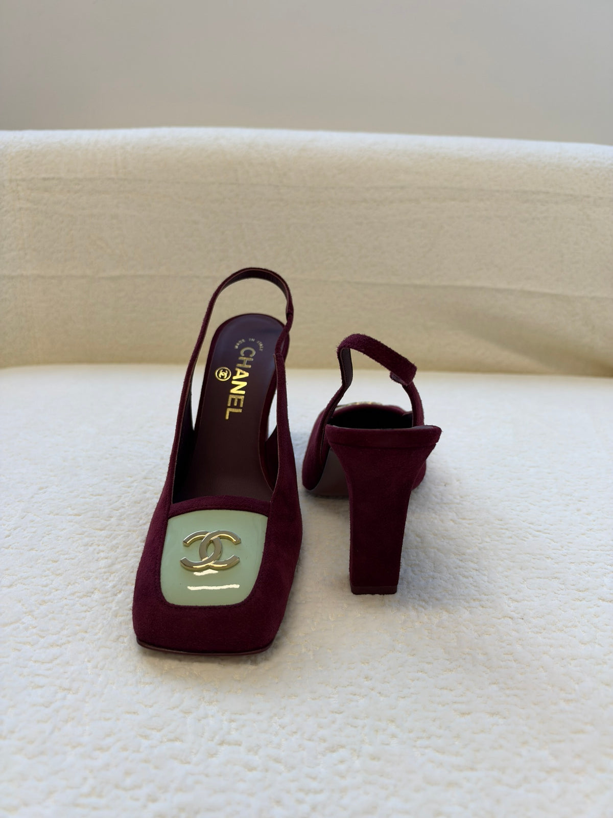 Chanel Slingback Dark Burgundy / Light Green