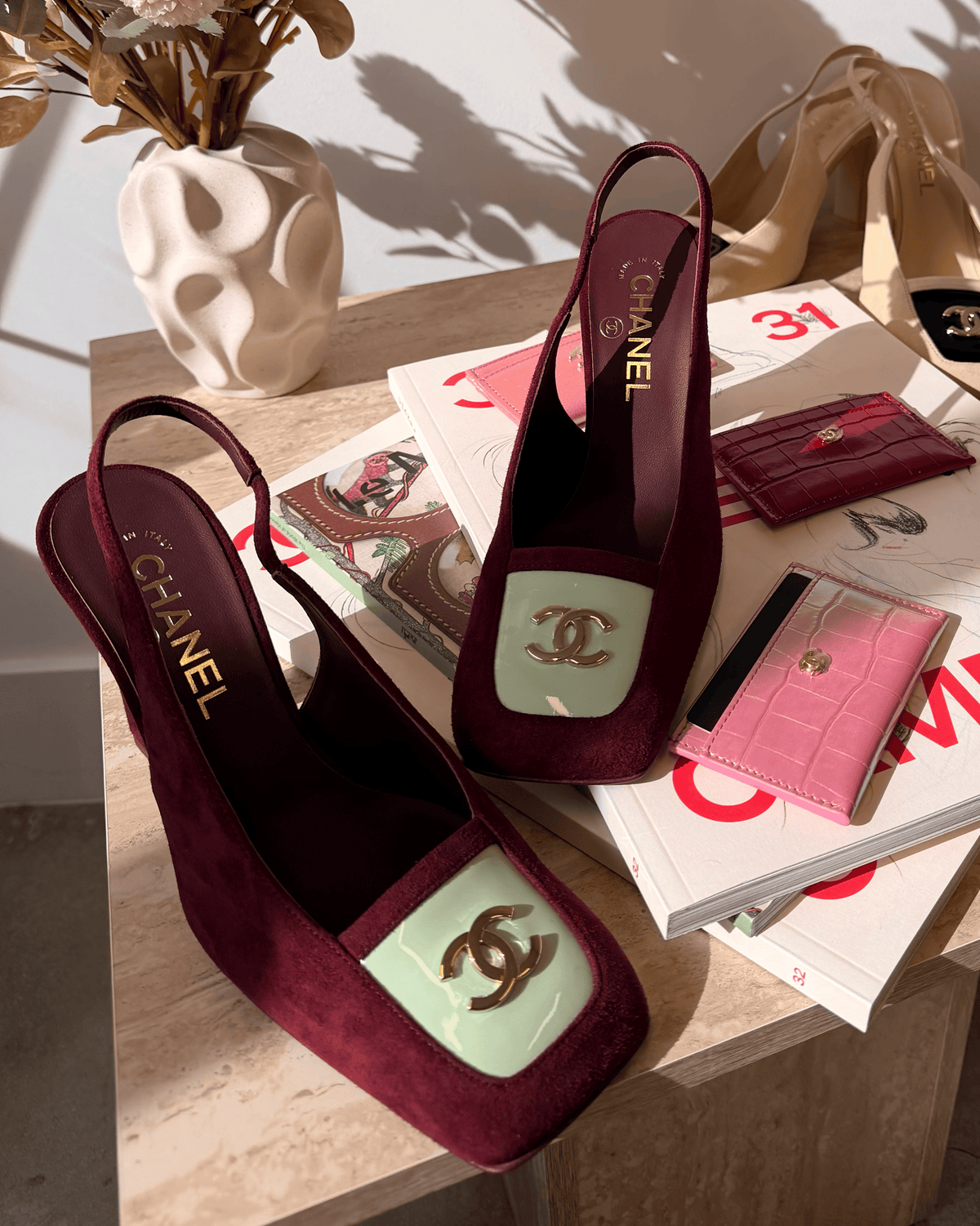 Chanel Slingback Dark Burgundy / Light Green