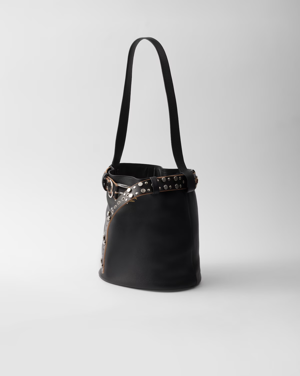 Prada Buckle leather bucket bag with studded belt