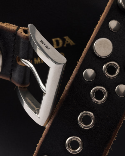 Prada Buckle leather bucket bag with studded belt
