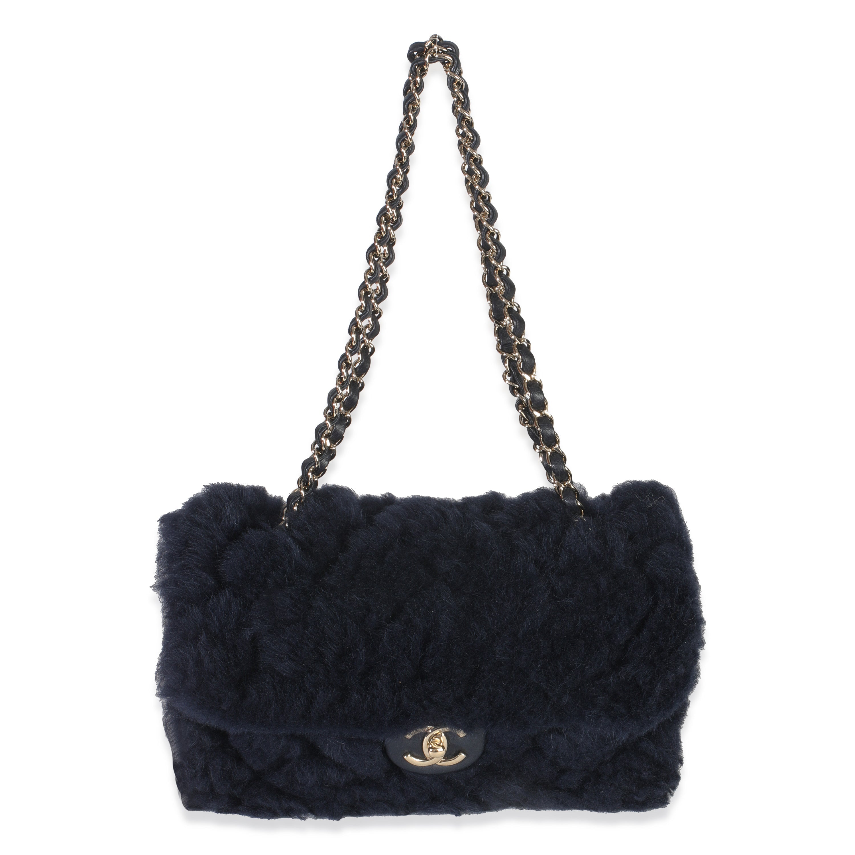 Chanel Navy Shearling Quilted Lambskin Medium Flap Bag Handbag av