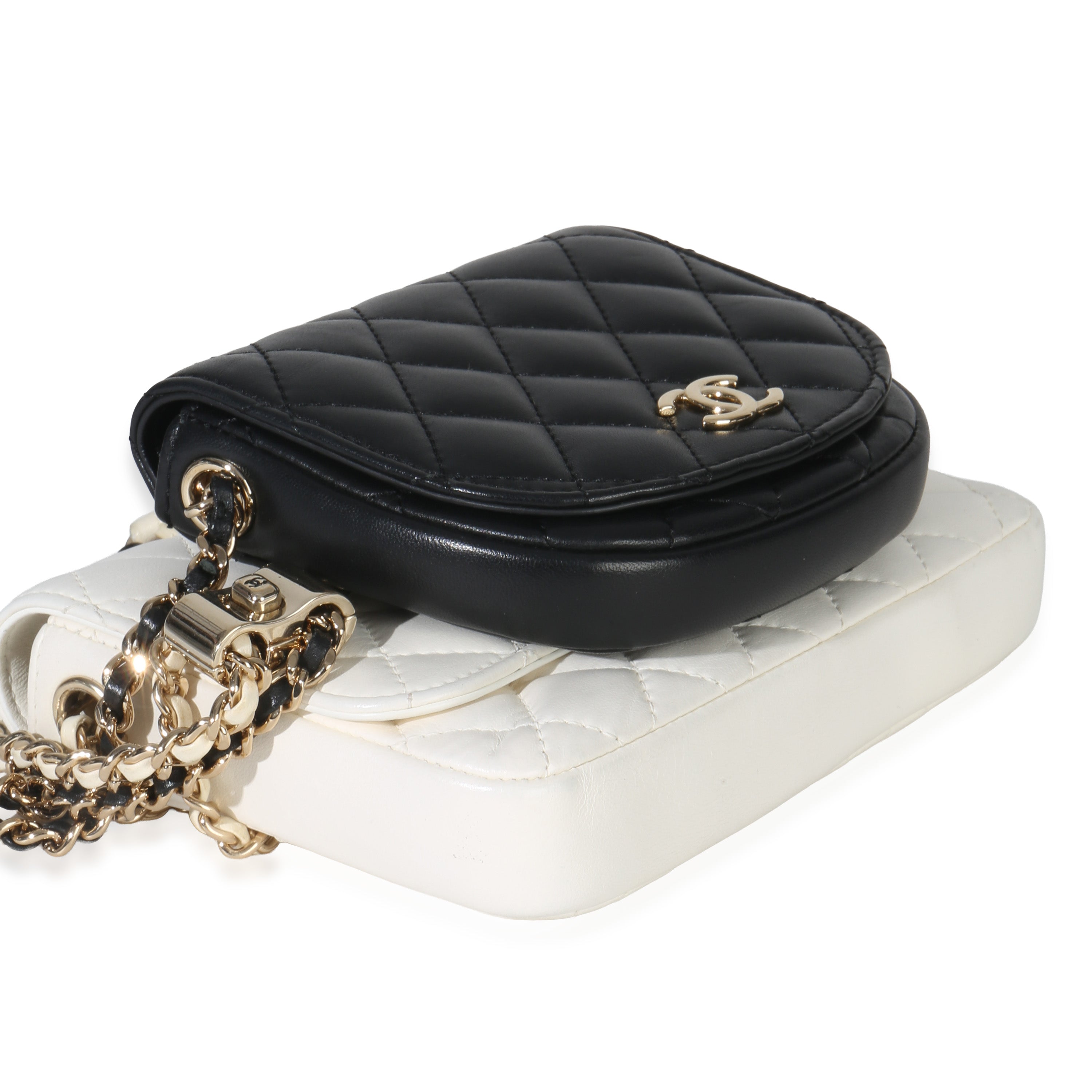 Chanel White Black Quilted Lambskin Small Side Packs Flap Bag Handbag clasp