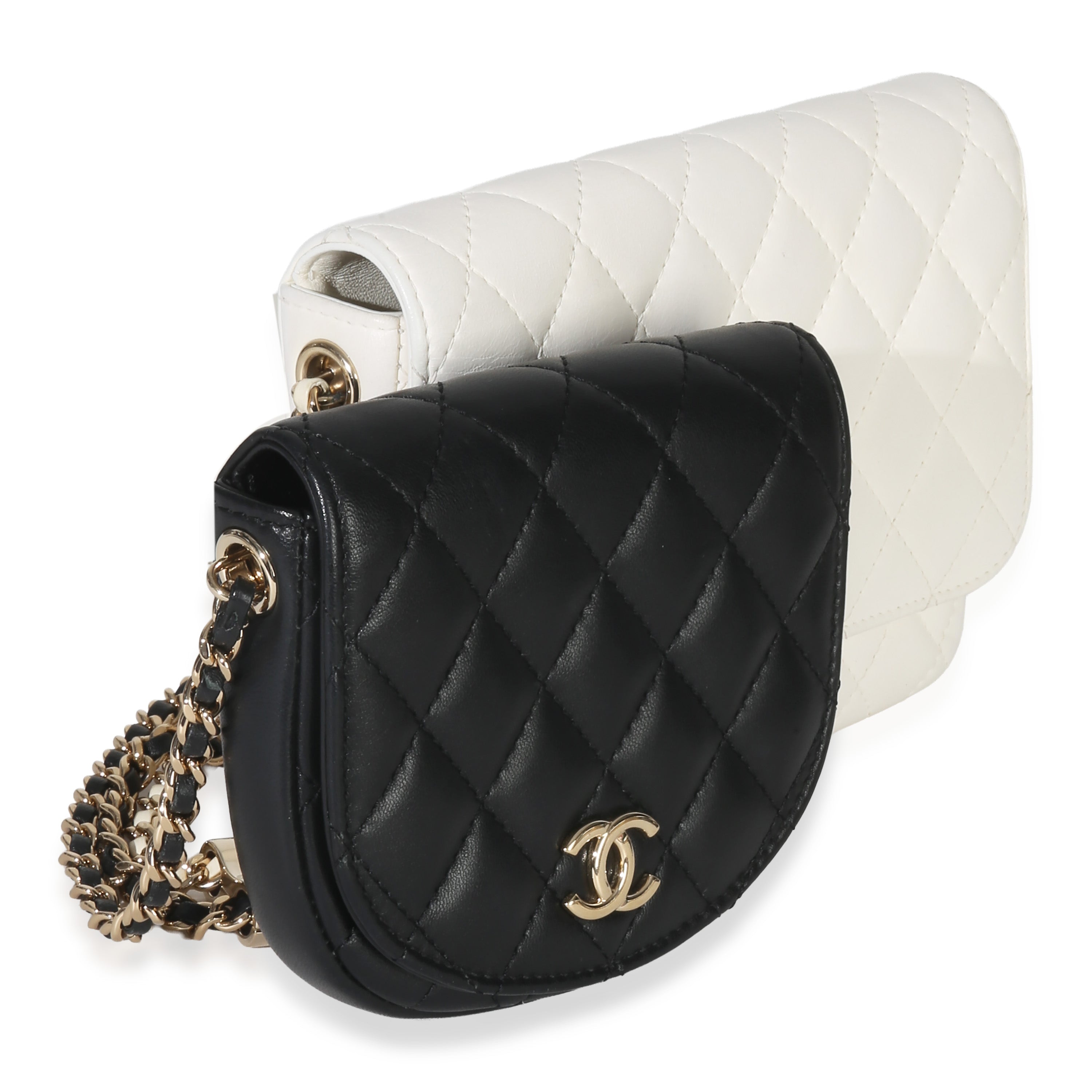 Chanel White Black Quilted Lambskin Small Side Packs Flap Bag Handbag sv