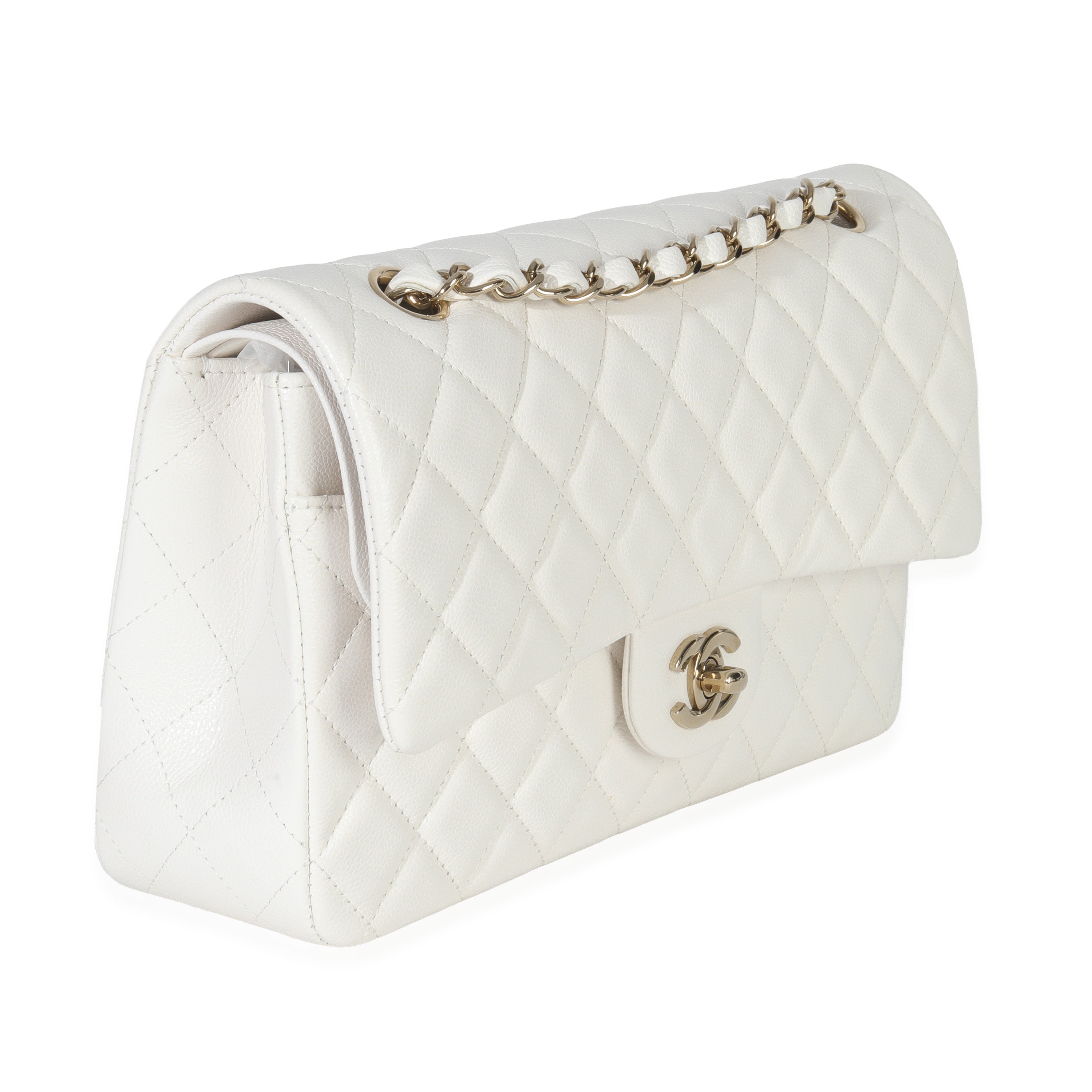 Chanel White Quilted Caviar Medium Classic Double Flap Bag Handbag pv